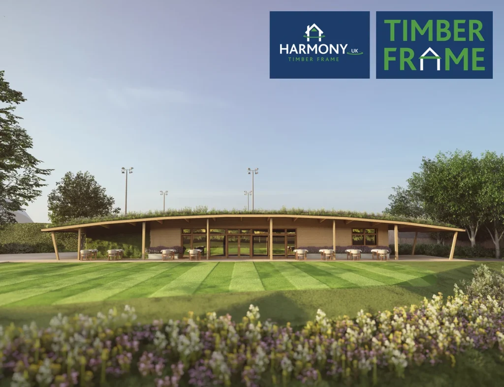 CGI outside view of new indoor golf centre with curved roof