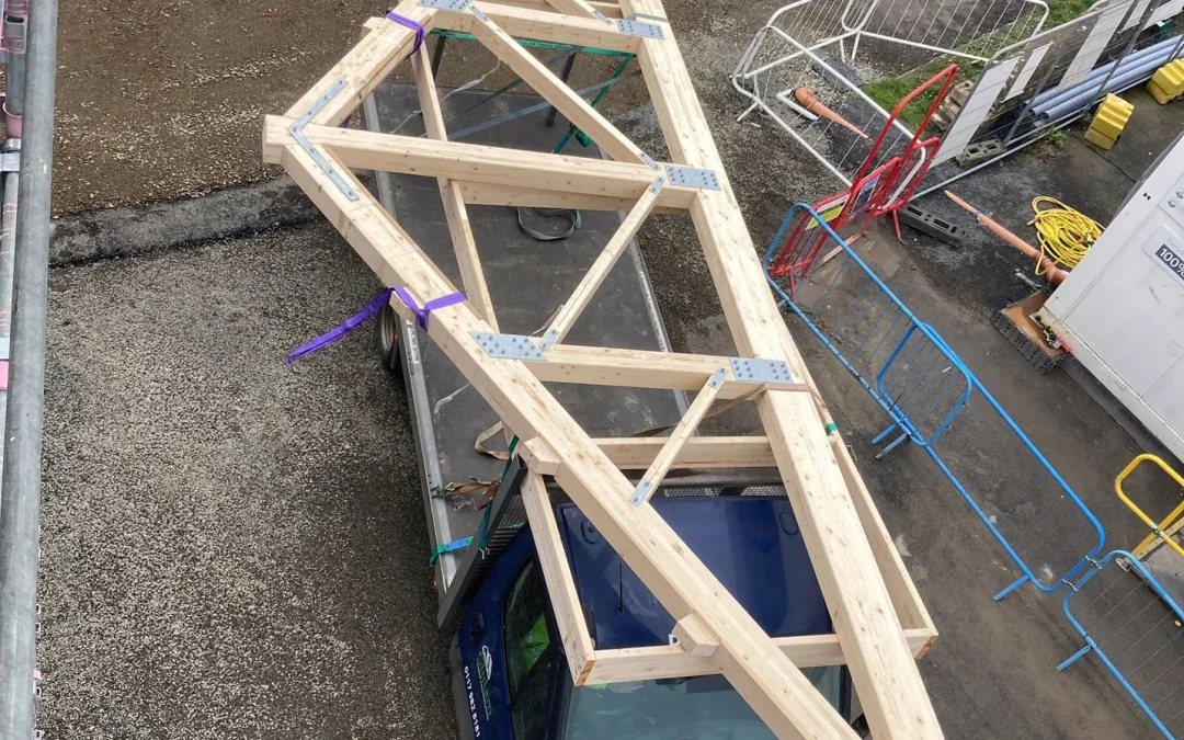 Birdseye view of feature truss on the back of a Glulam lorry