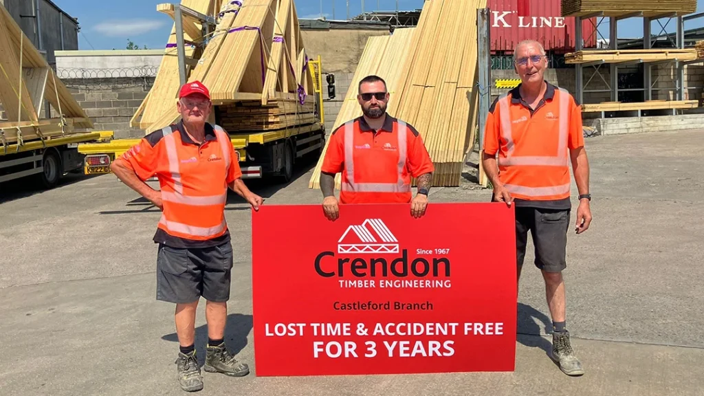 3 men in hi vis standing in front of Crendon Lost Time & Accident Free for 3 years