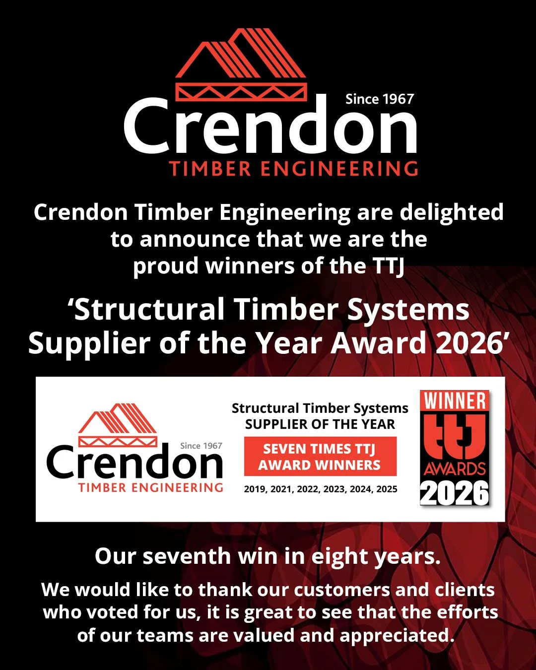 We’re delighted to have won both the TTJ Structural Timber Systems Supplier of the Year 2026 and the TTJ Environmental Achievement Award 2026.