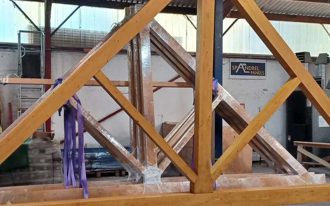 7.5m span Glulam Feature Trusses in manufacture this week with marine grade stainless steel metalwork and fixings with Osmo UK UV-Protection Oil for a new swimming pool project. We're proud to once again be working alongside MDA to bring another project to life.