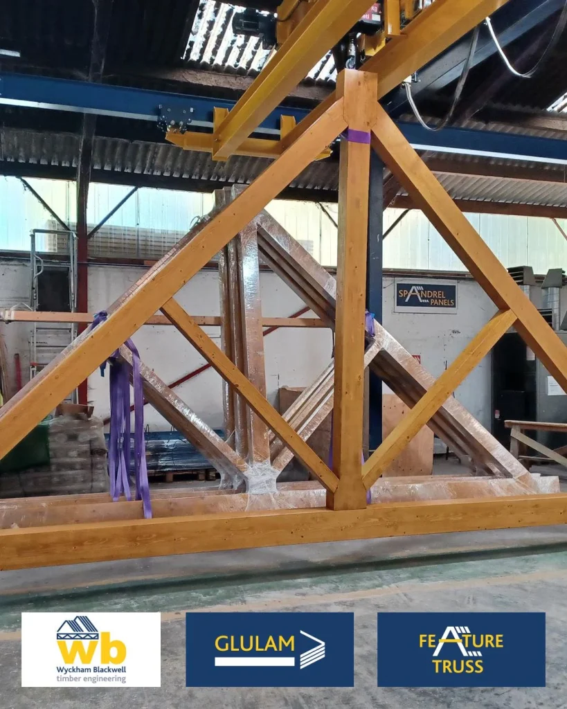 7.5m span Glulam Feature Trusses in manufacture this week with marine grade stainless steel metalwork and fixings with Osmo UK UV-Protection Oil for a new swimming pool project. We're proud to once again be working alongside MDA to bring another project to life.