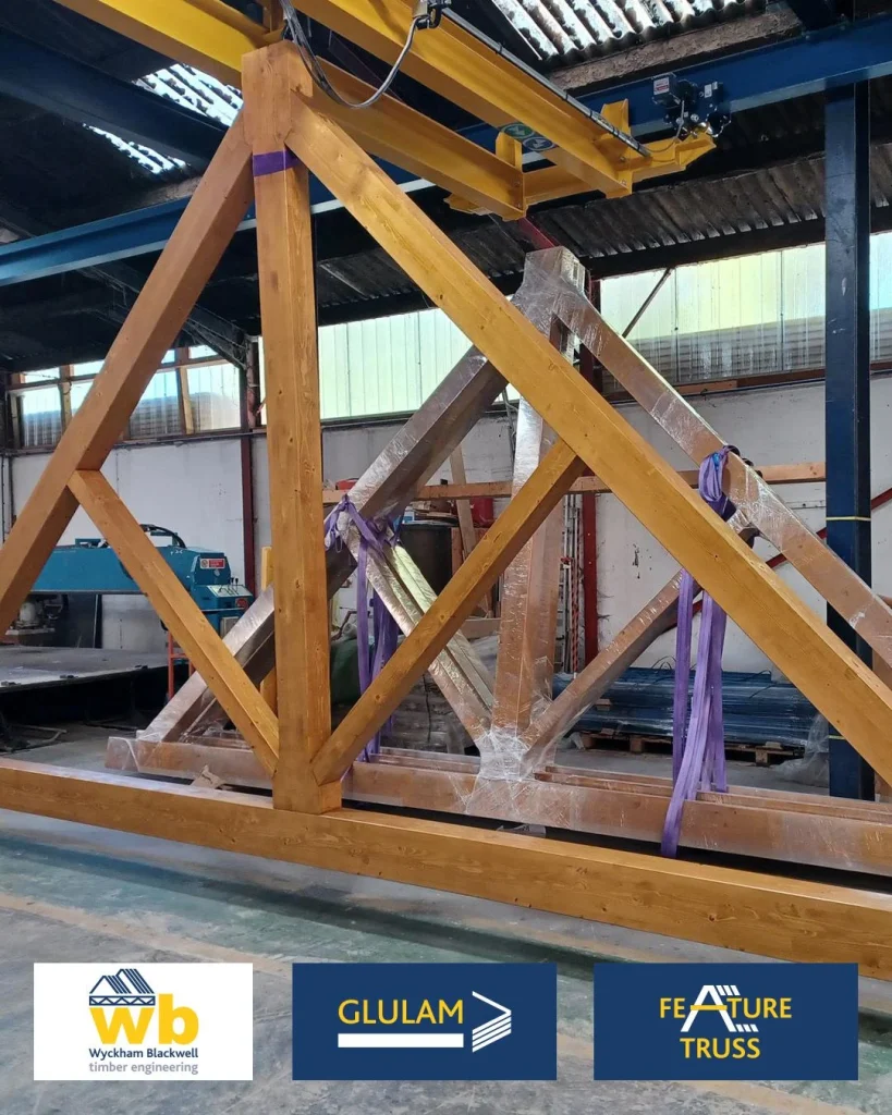 7.5m span Glulam Feature Trusses in manufacture this week with marine grade stainless steel metalwork and fixings with Osmo UK UV-Protection Oil for a new swimming pool project. We're proud to once again be working alongside MDA to bring another project to life.